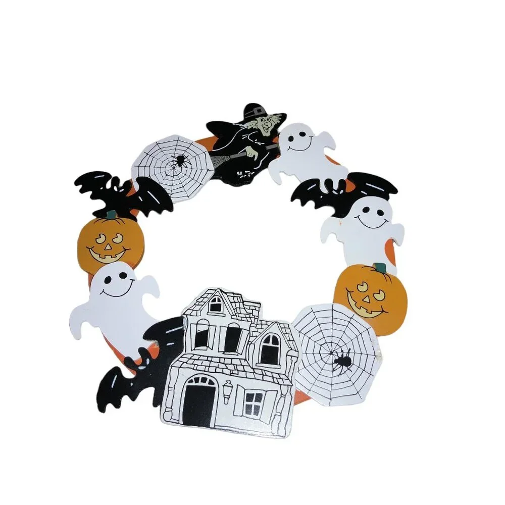 Halloween Wooden Door Wreath With Witch Ghosts & Spider Webs
